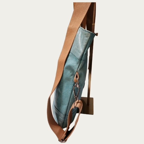 Maurizio Taiuti Blue and Tan Tote Bag with Leather Accents, Replacement Strap - Picture 5 of 16